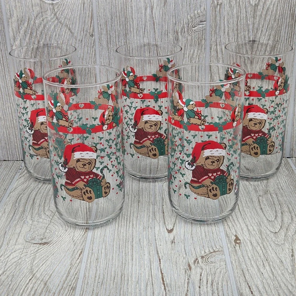 Tienshan Country Christmas Teddy Bear Present Glass Tumblers Set of 5 Drinkware